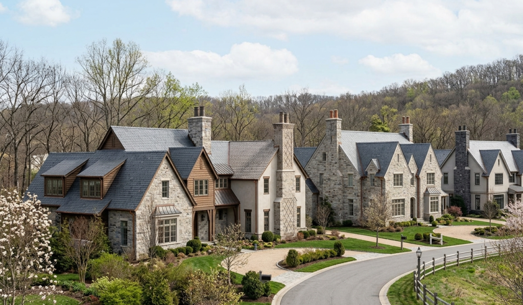 Wide architectural roofline view representing busy season marketing preparation before chimney service demand rises