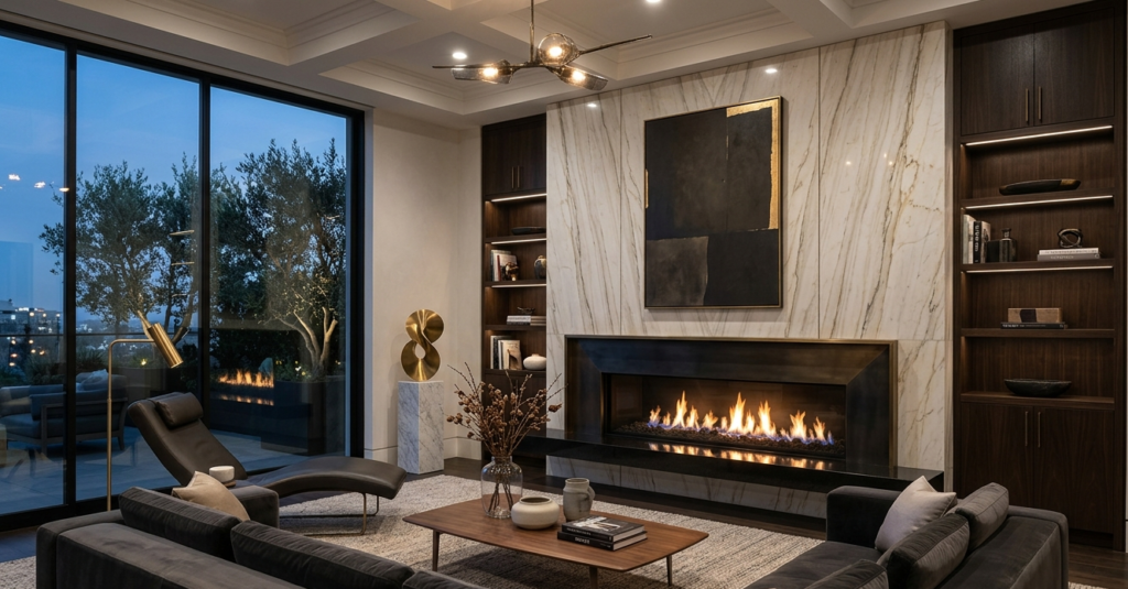 premium home service marketing strategy illustrated through a luxury fireplace design in a high-end residential interior