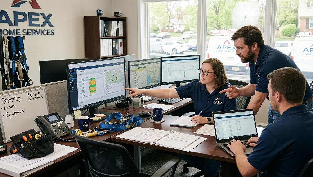 office team reviewing estimates and follow up tied to lost calls in spring chimney company problem
