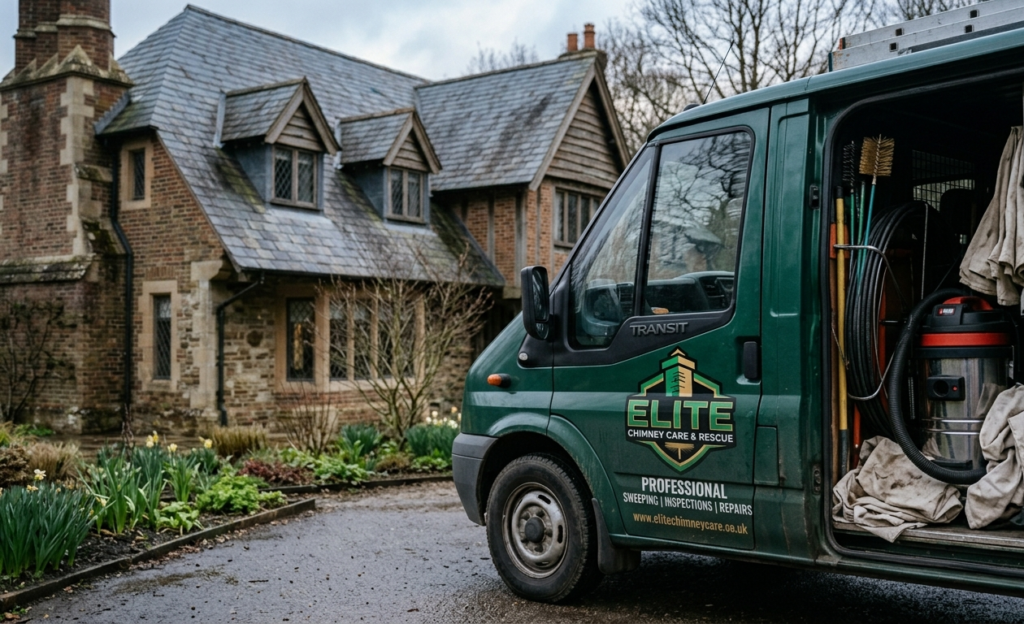 Chimney service truck parked outside a suburban home showing how chimney companies lose calls in spring when follow-up breaks down.