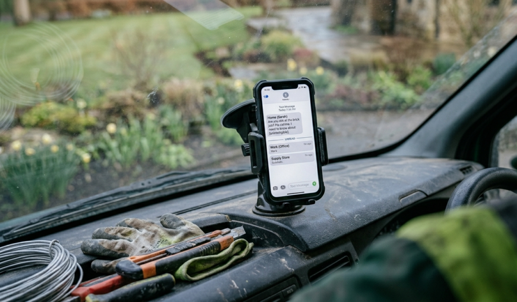Smartphone displaying unanswered customer messages related to chimney estimate follow-up inside a contractor truck.