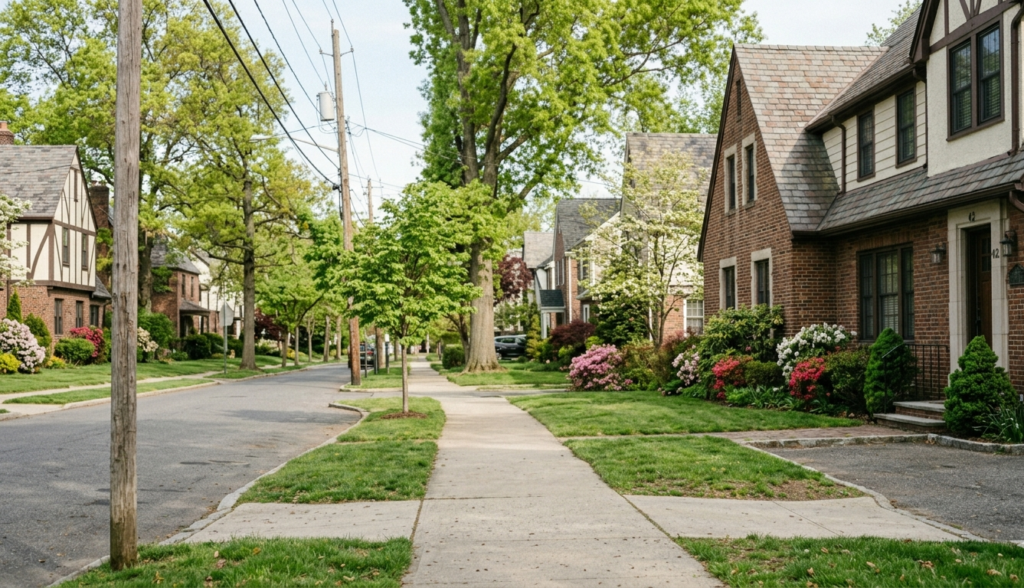 Quiet residential street in spring showing seasonal slowdown conditions affecting a referral-based chimney business.