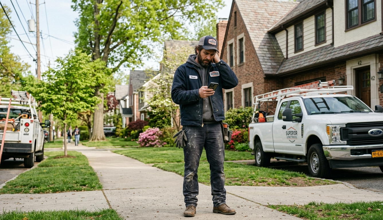 Chimney contractor reviewing his phone during a slow week, illustrating challenges facing a referral-based chimney business.