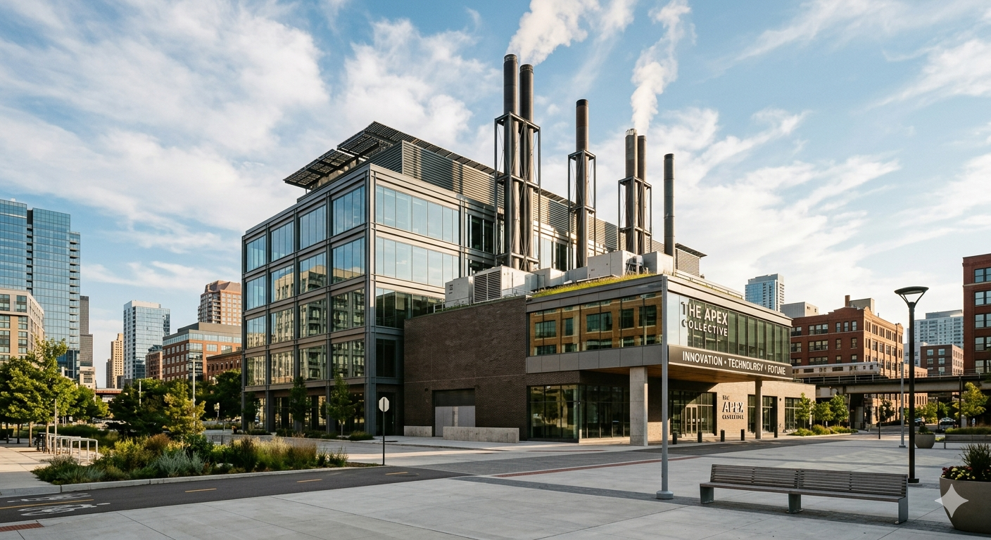 Large commercial building with multiple chimney stacks representing commercial chimney work opportunities for growing chimney contractors.
