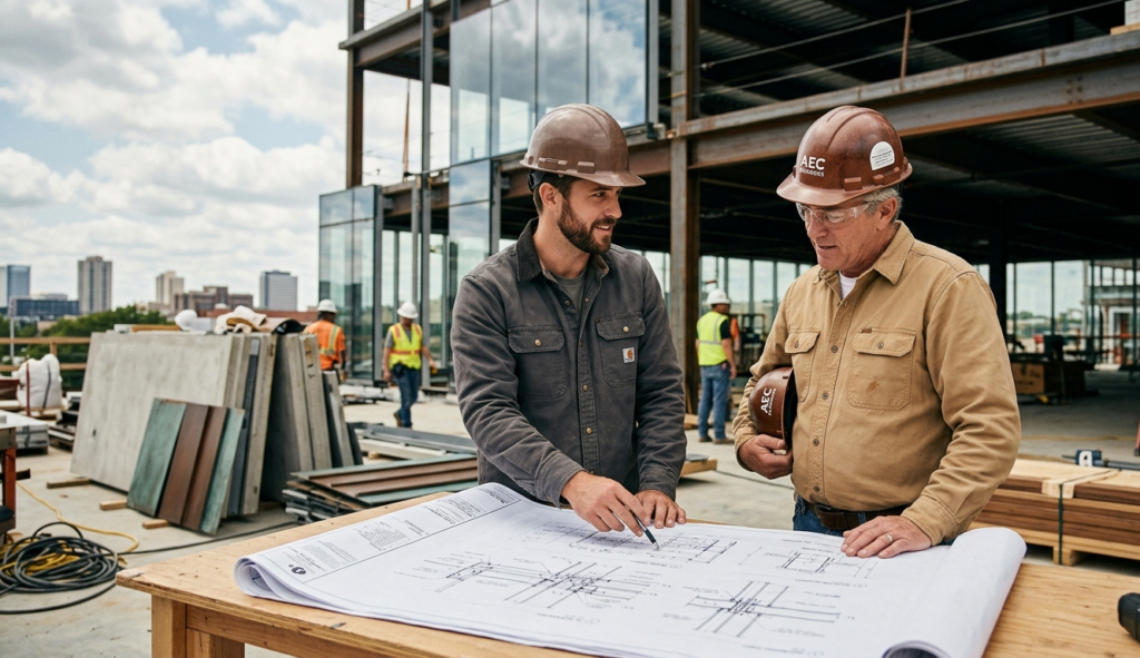Specialty contractor reviewing blueprints at a job site while planning commercial chimney work with construction partners.