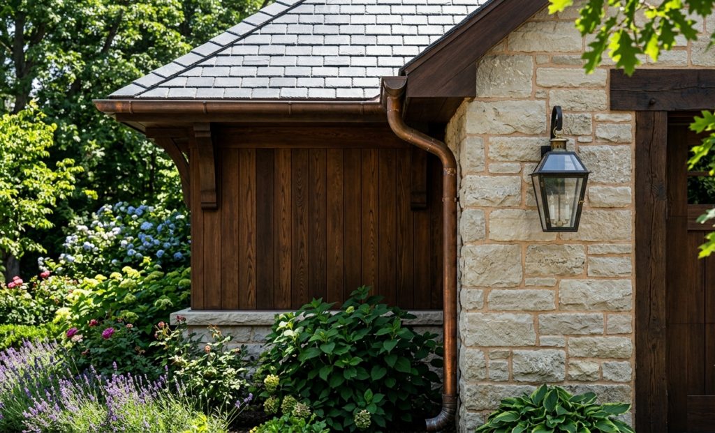 Detailed exterior craftsmanship on a luxury home representing effective summer HVAC marketing and premium positioning.