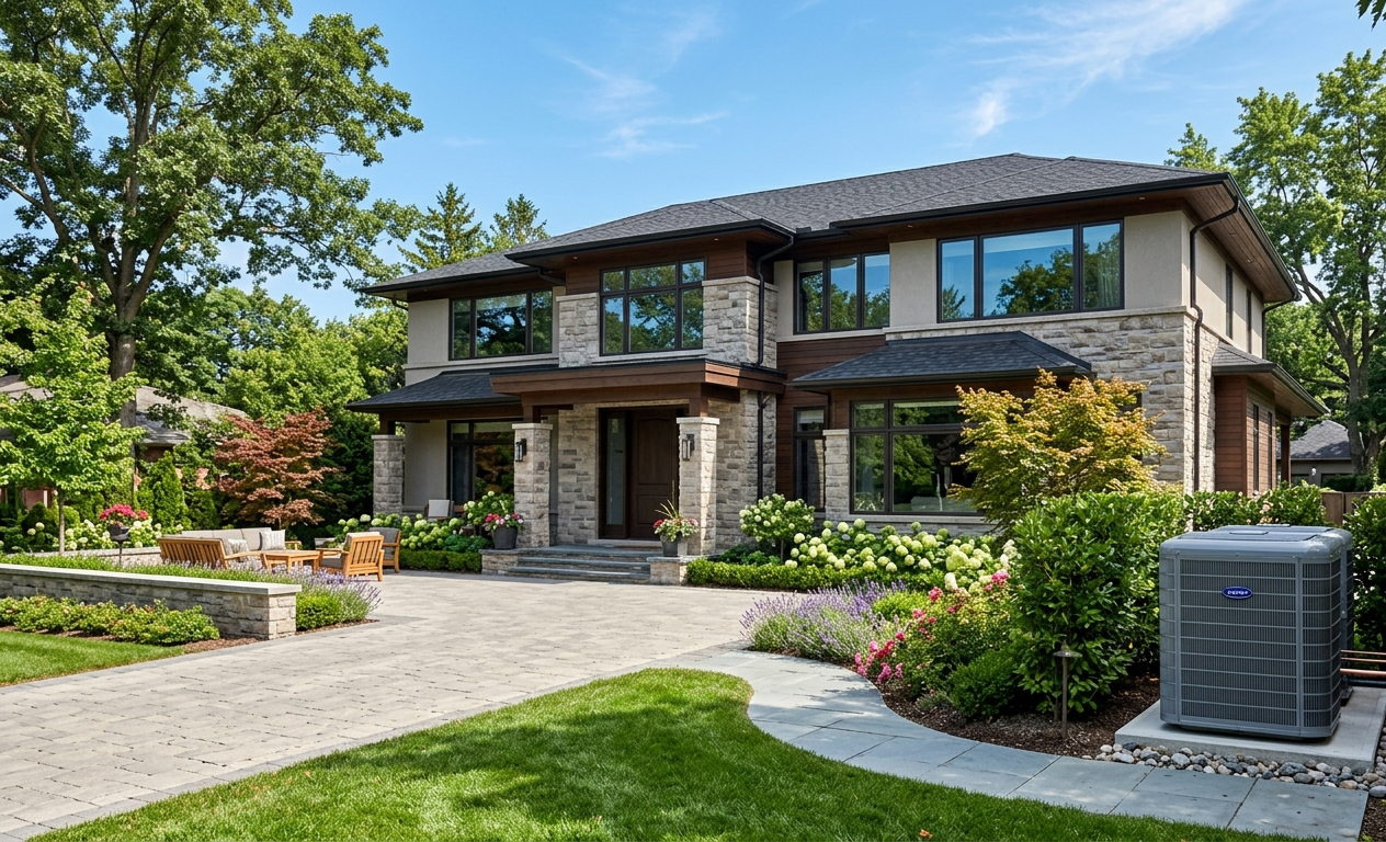 Luxury home exterior during peak cooling season illustrating summer HVAC marketing for premium service companies.