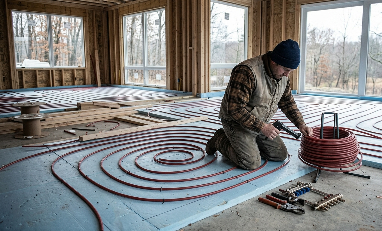 Contractor installing radiant floor heating tubing inside a new home during construction, carefully securing PEX tubing over insulated subfloor before the concrete slab is poured.
