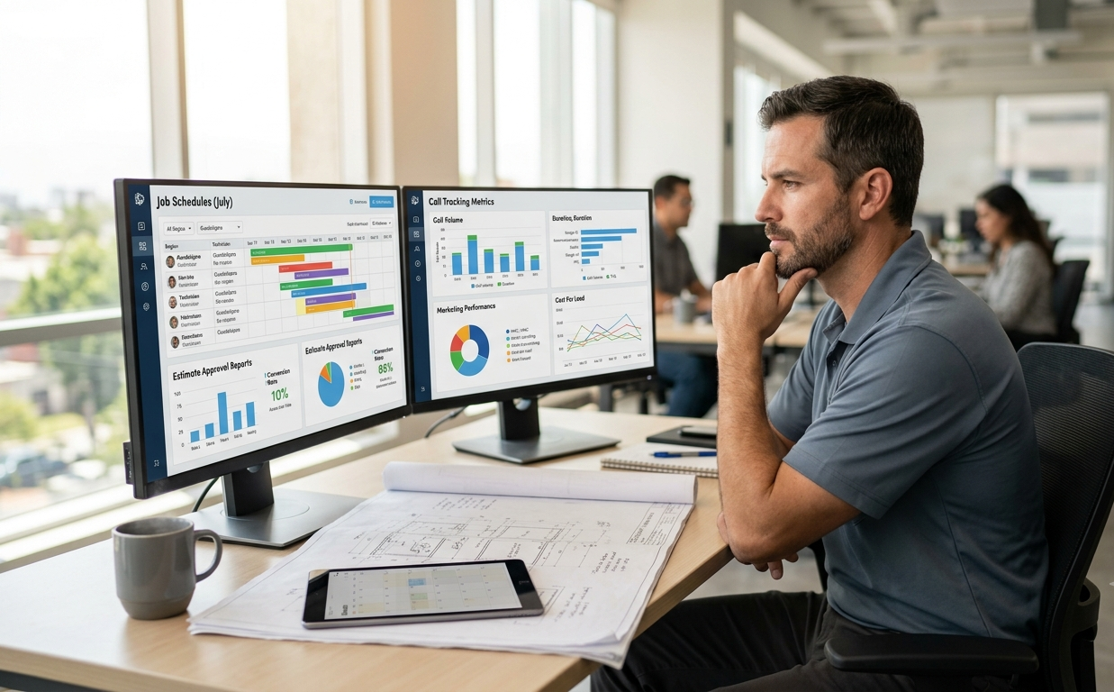 Specialty contractor reviewing ServiceTitan reports showing how high demand masks marketing inefficiencies during the busy July season.