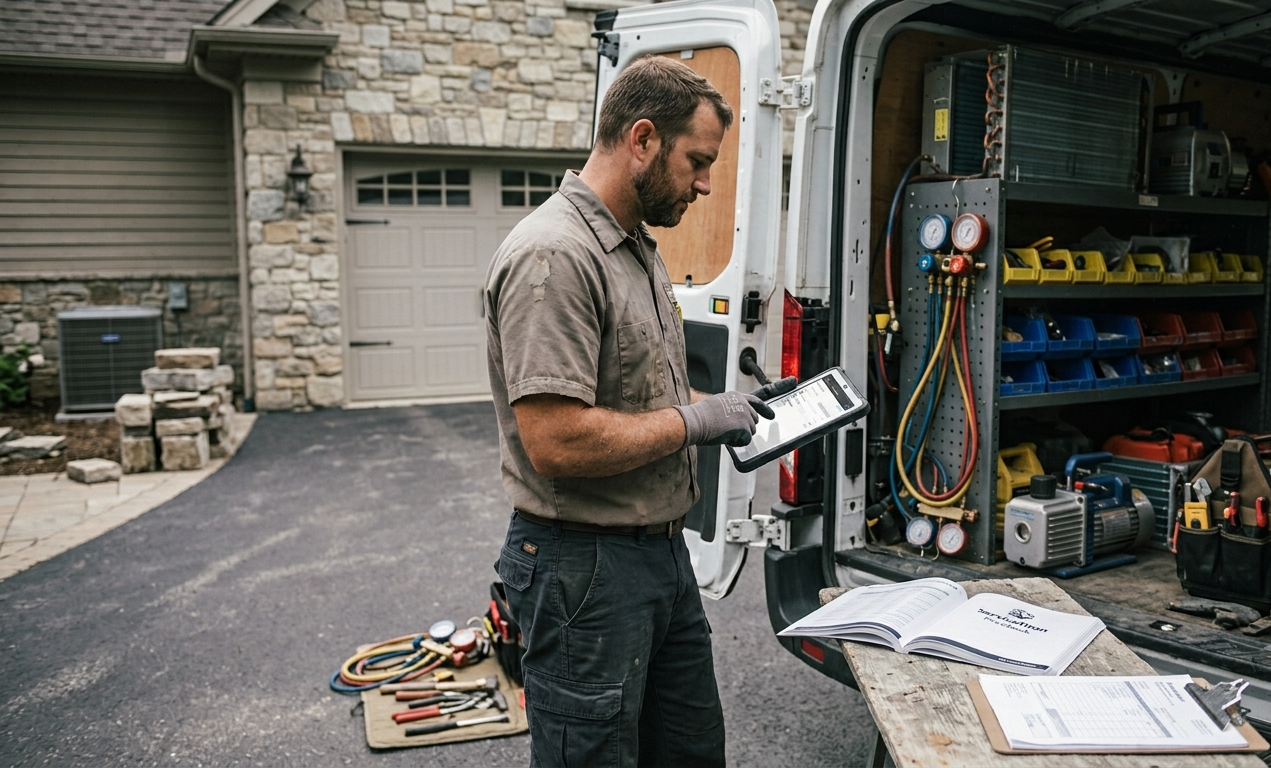 Technician using a tablet to create a ServiceTitan pricebook estimate at a customer's home with organized flat-rate pricing.