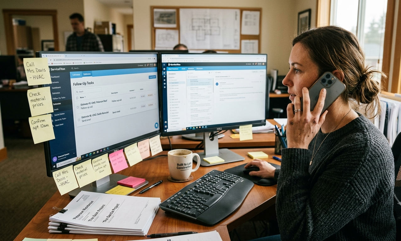 Office manager reviewing ServiceTitan estimate follow up tasks on a desktop while calling customers with several open estimates awaiting response.