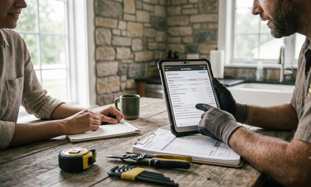 Contractor reviewing a clean ServiceTitan pricebook before presenting a three-minute estimate to a homeowner.