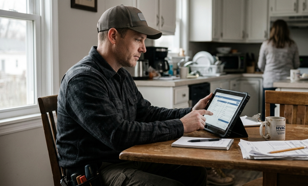 HVAC technician building an estimate using a clean ServiceTitan pricebook setup on a tablet inside a customer's home, showing organized flat-rate services.
