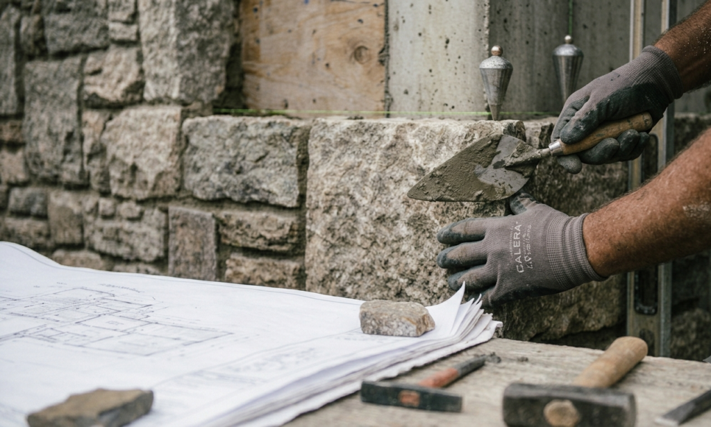 Stone mason completing chimney masonry work as part of winter service planning before the busy heating season.