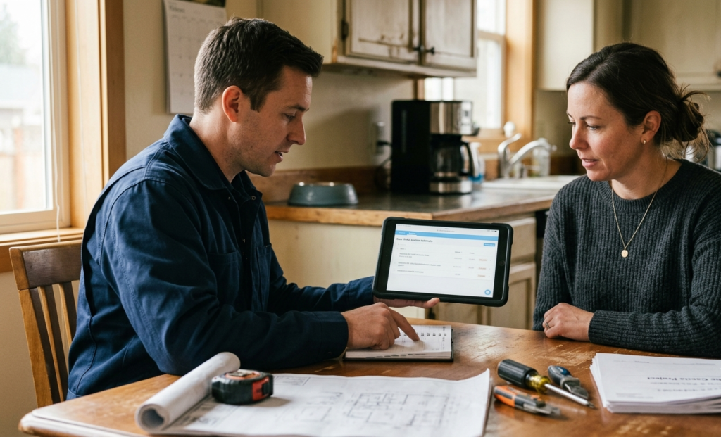 Contractor discussing an estimate with a homeowner before scheduling the next ServiceTitan estimate follow up call on a tablet.