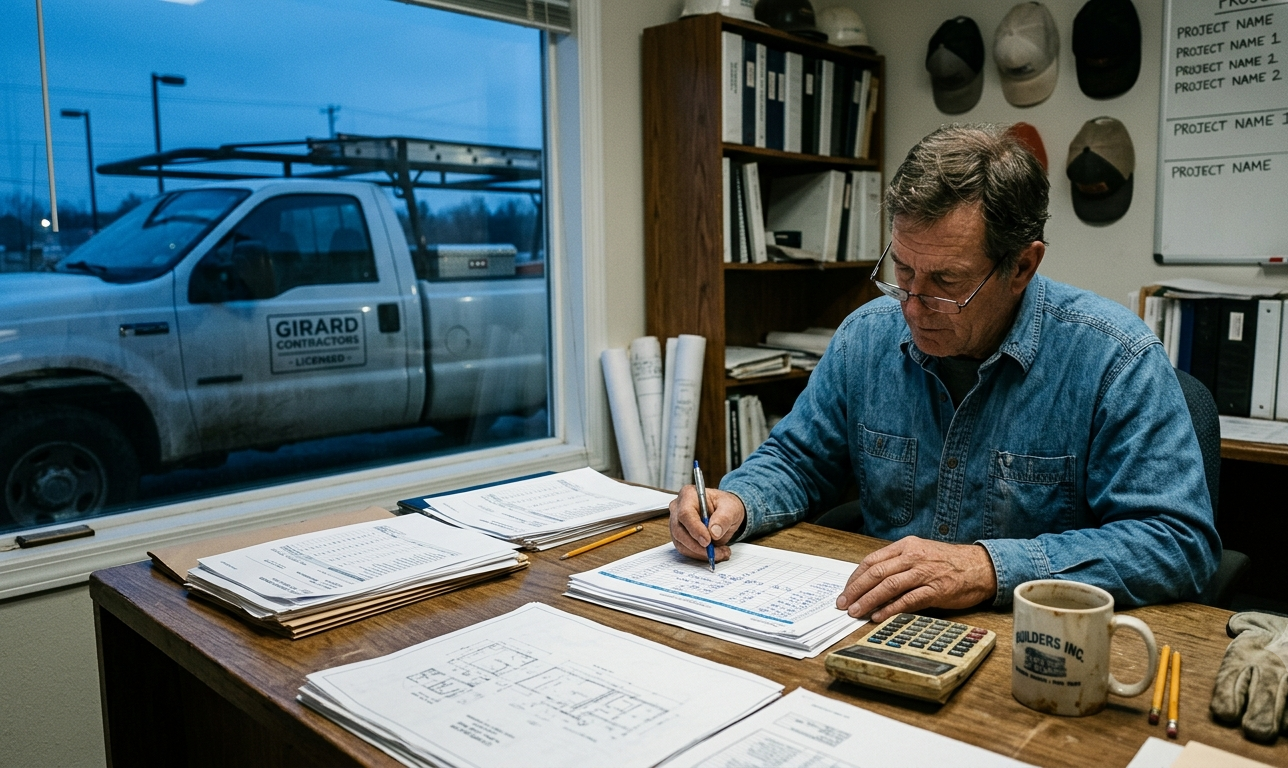 Contractor reviewing an estimates report on a laptop to improve estimate close rate before the slow season.