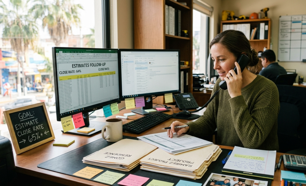 Office manager tracking estimate close rate and following up on open estimates in a contractor business.