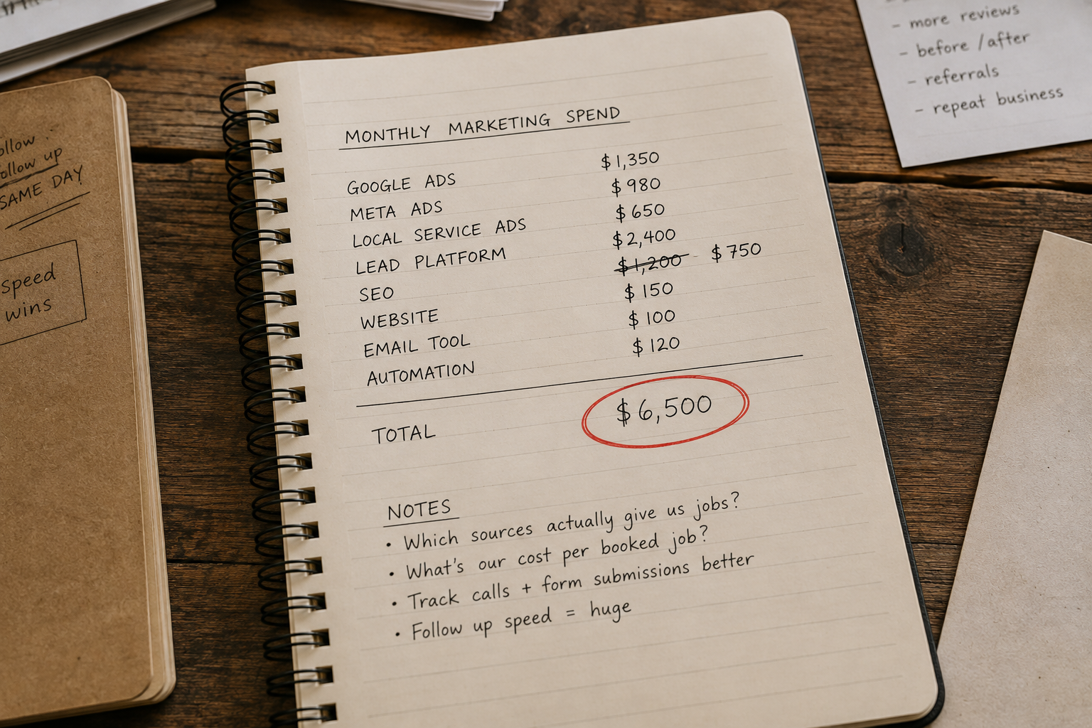 Notebook page with handwritten marketing numbers, one crossed out and a red circle around a total, illustrating am I wasting money on marketing.