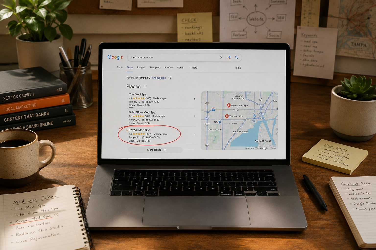 A Google search results page with one business result circled in red on a laptop, illustrating why isn't my business showing up on Google for a med spa.