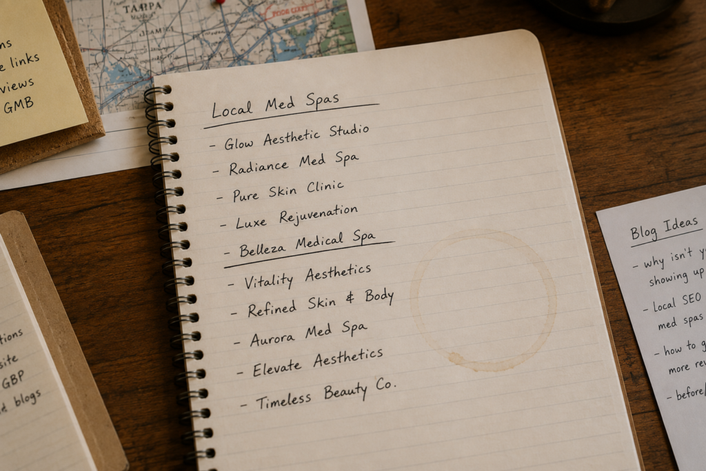 A handwritten list of business names with one underlined beside a coffee ring, illustrating why isn't my business showing up on Google from a customer's perspective.