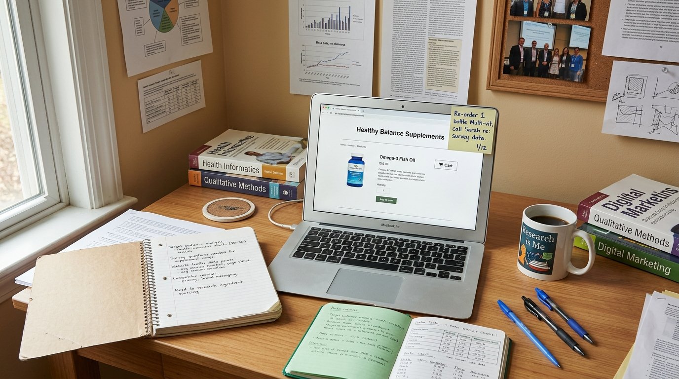Laptop showing a simple online supplement store product page with a handwritten note, illustrating website traffic but no sales.