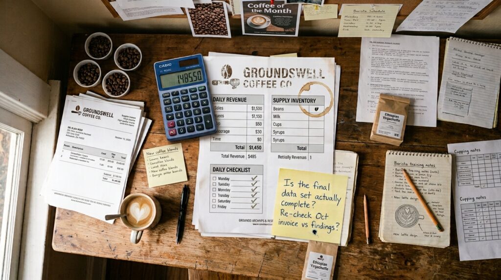 Desk with calculator, printed invoice, and handwritten question about whether marketing is actually working, warm documentary workspace.