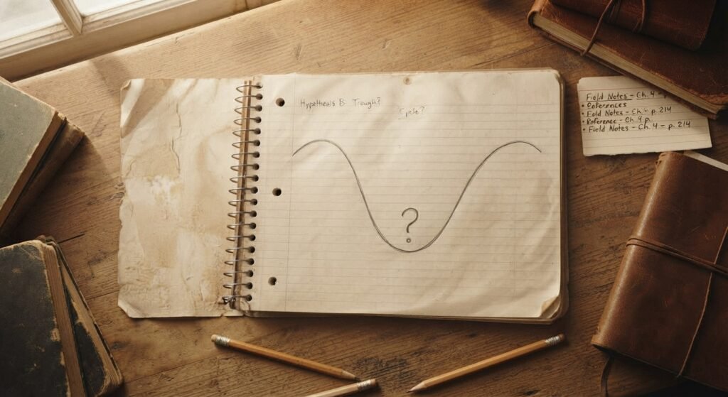 A notebook with a hand-drawn wave line reaching a low point beside a question mark, illustrating why is my business slow right now.