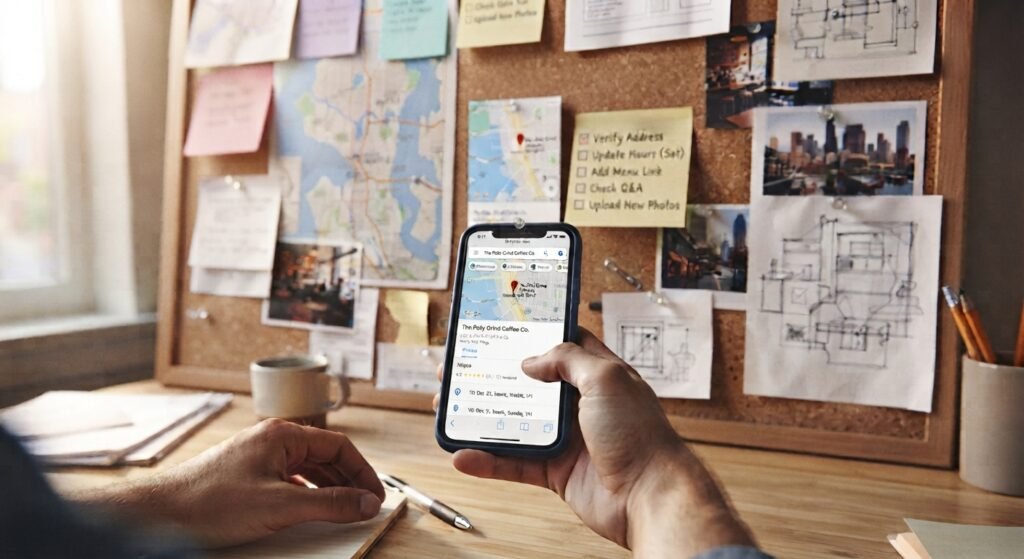 How to improve my Google Business Profile shown on a phone map listing with a handwritten checklist beside it.