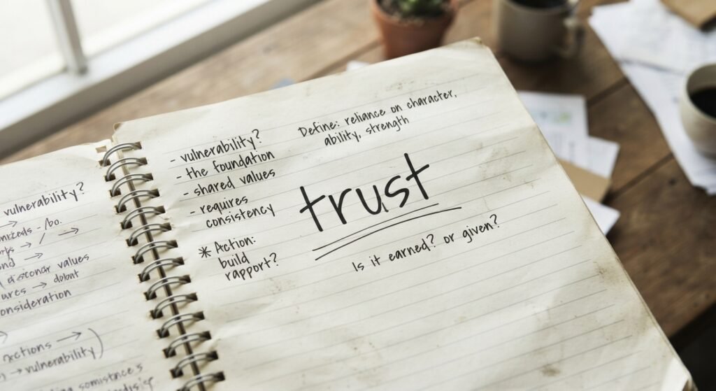 Notebook page with the word "trust" underlined and handwritten margin notes, illustrating the trust gap when people find my business but don't contact me.