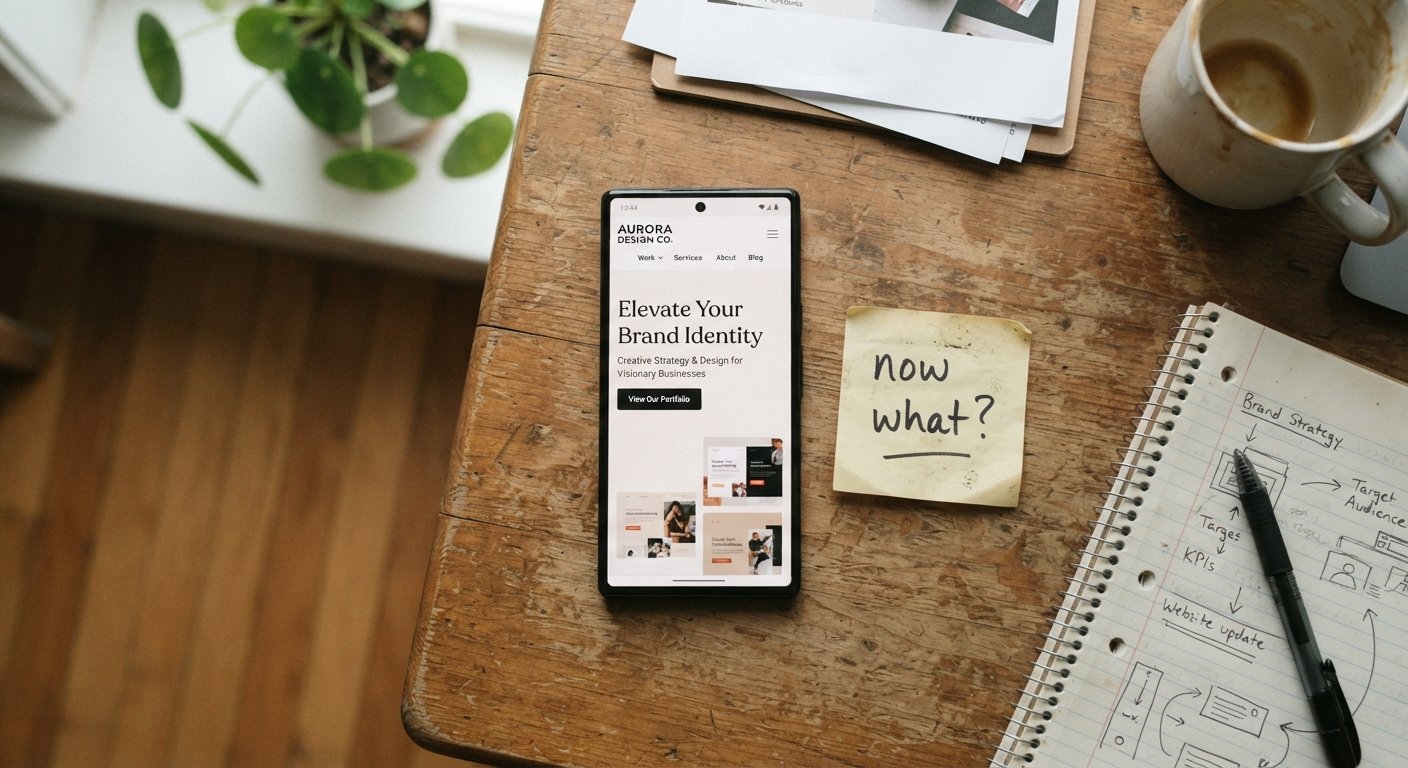 Phone showing a wedding photography business website homepage beside a handwritten note asking what happens next, illustrating people find my business but don't contact me.