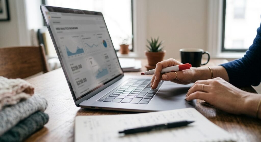 Business owner examining the customer journey, website, and advertising strategy to identify what's wrong with the business.