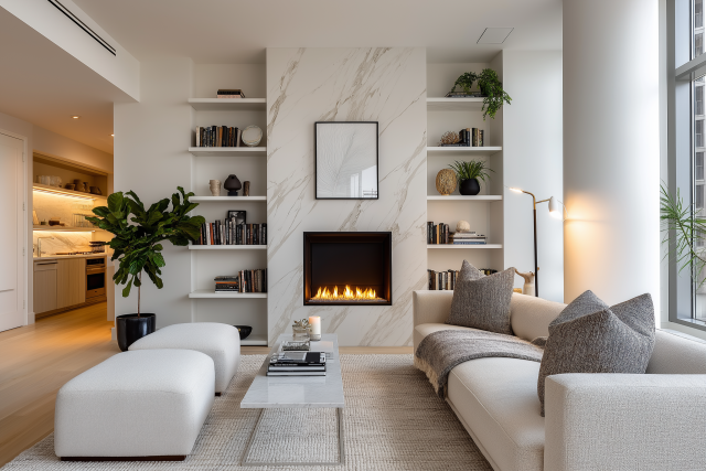 Luxury apartment interior with modern marble fireplace wall and contemporary decor